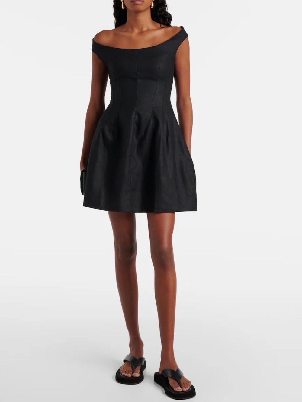 Faithfull the Brand Olmeto Off-Shoulder Black Fit & Flare Dress 100% Linen